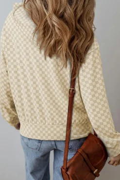 Fashion Dear-Lover Checkered Print Kangaroo Pocket Drawstring Hoodie Khaki