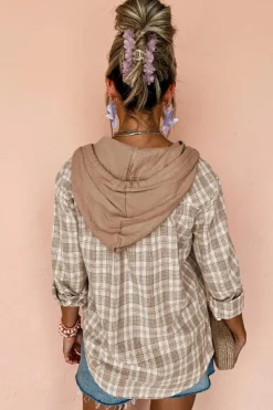 Sale Dear-Lover Checkered Print Loose Fit Buttoned Hooded Shacket Khaki
