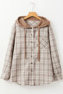 Sale Dear-Lover Checkered Print Loose Fit Buttoned Hooded Shacket Khaki