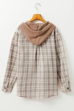 Sale Dear-Lover Checkered Print Loose Fit Buttoned Hooded Shacket Khaki