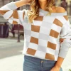 Online Dear-Lover Checkered Ribbed Edge O Neck Drop Shoulder Sweater Khaki