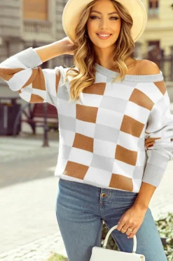 Online Dear-Lover Checkered Ribbed Edge O Neck Drop Shoulder Sweater Khaki