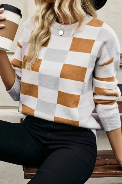 Online Dear-Lover Checkered Ribbed Edge O Neck Drop Shoulder Sweater Khaki