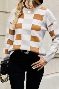 Online Dear-Lover Checkered Ribbed Edge O Neck Drop Shoulder Sweater Khaki