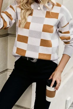 Online Dear-Lover Checkered Ribbed Edge O Neck Drop Shoulder Sweater Khaki