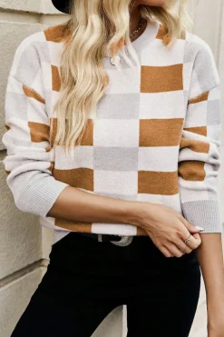 Online Dear-Lover Checkered Ribbed Edge O Neck Drop Shoulder Sweater Khaki
