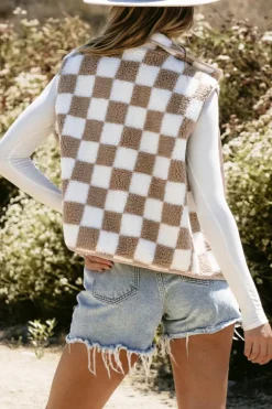 Fashion Dear-Lover Checkered Sherpa Collared Jacket Vest Khaki