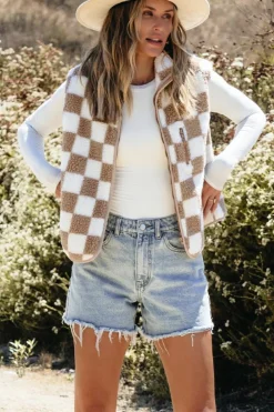 Fashion Dear-Lover Checkered Sherpa Collared Jacket Vest Khaki