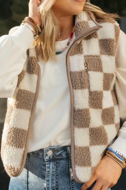 Fashion Dear-Lover Checkered Sherpa Collared Jacket Vest Khaki