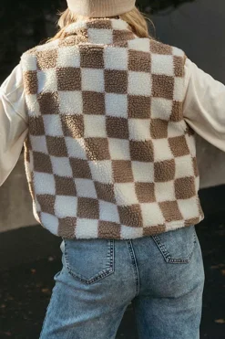 Fashion Dear-Lover Checkered Sherpa Collared Jacket Vest Khaki