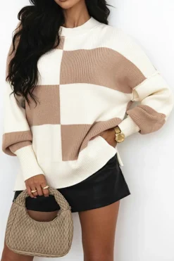 Clearance Dear-Lover Checkered Side Slits Drop Shoulder Oversized Sweater Khaki