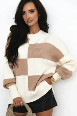 Clearance Dear-Lover Checkered Side Slits Drop Shoulder Oversized Sweater Khaki