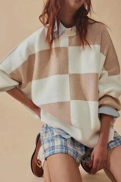 Clearance Dear-Lover Checkered Side Slits Drop Shoulder Oversized Sweater Khaki