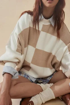 Clearance Dear-Lover Checkered Side Slits Drop Shoulder Oversized Sweater Khaki