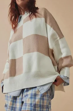 Clearance Dear-Lover Checkered Side Slits Drop Shoulder Oversized Sweater Khaki