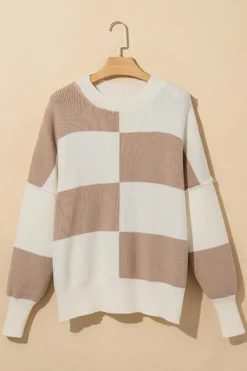 Clearance Dear-Lover Checkered Side Slits Drop Shoulder Oversized Sweater Khaki