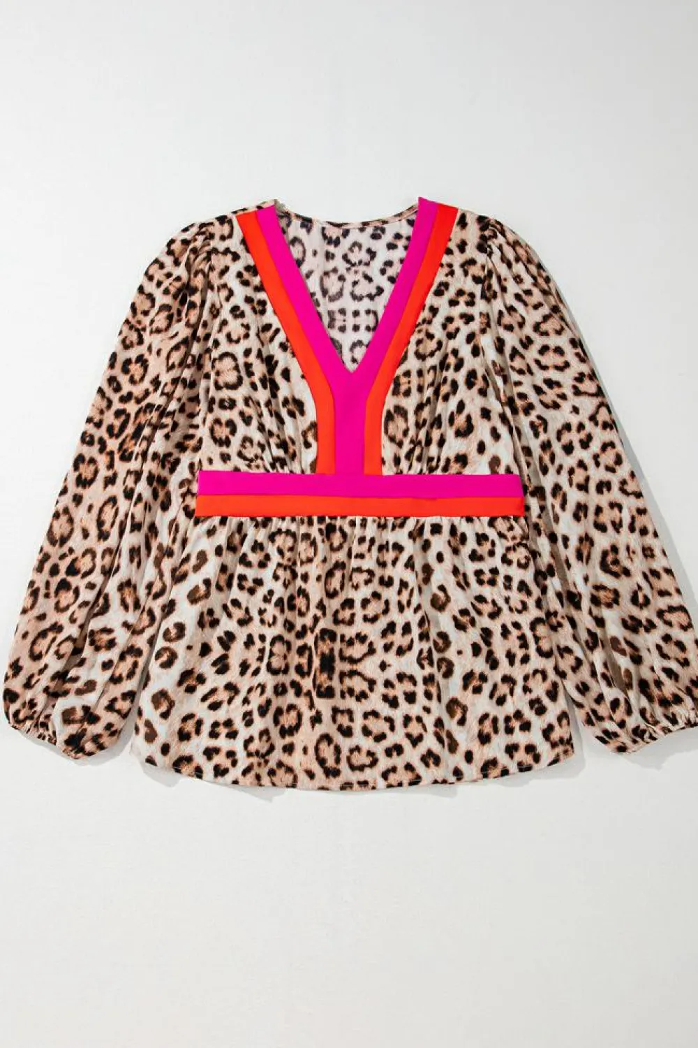 Fashion Dear-Lover Cheetah Color Block V Neck Balloon Sleeve Babydoll Blouse Khaki
