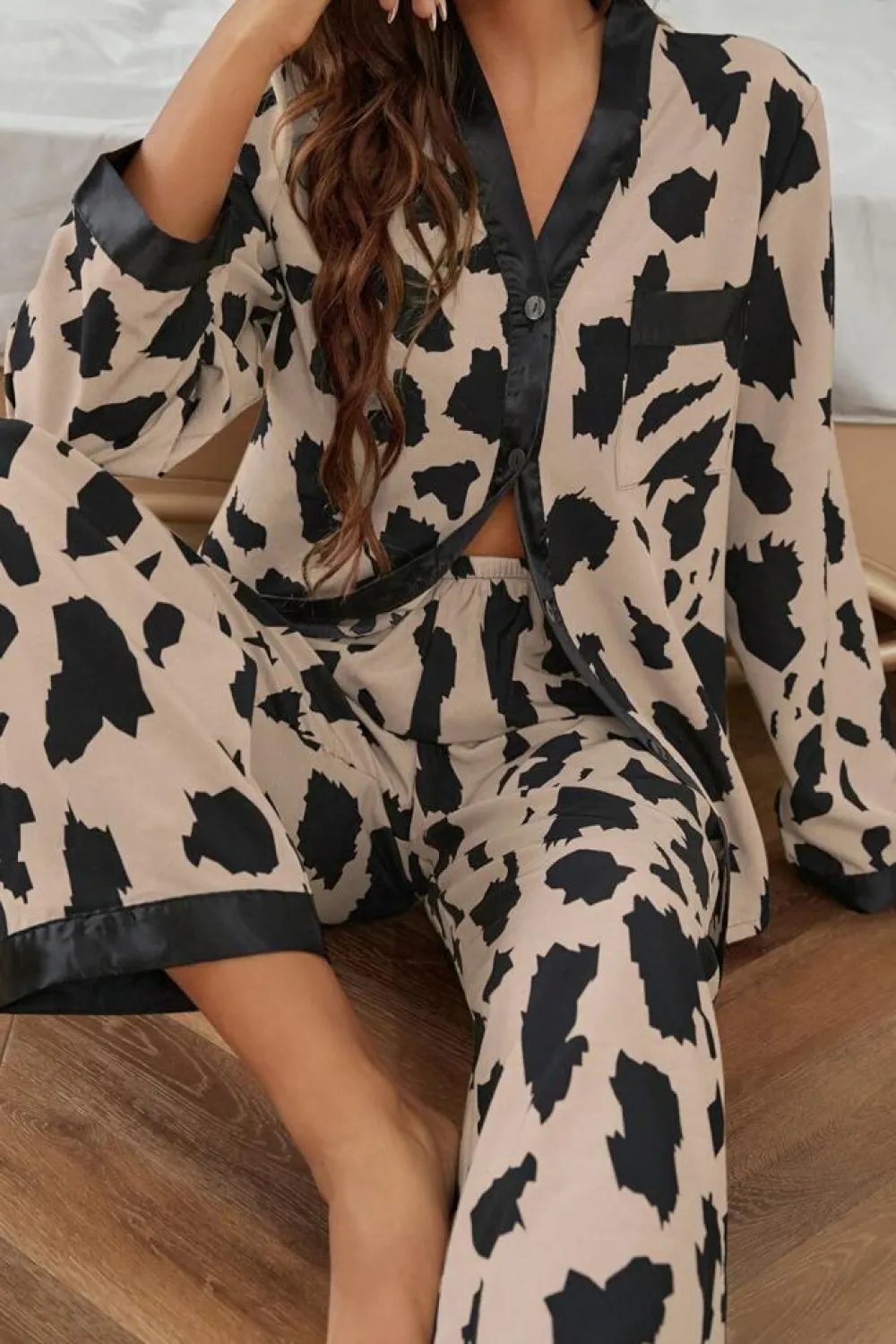 Sale Dear-Lover Cheetah Contrast Trim Loose Fit Two Piece Sleepwear Khaki