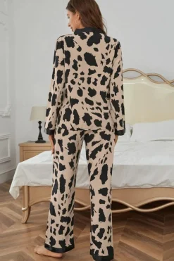 Sale Dear-Lover Cheetah Contrast Trim Loose Fit Two Piece Sleepwear Khaki