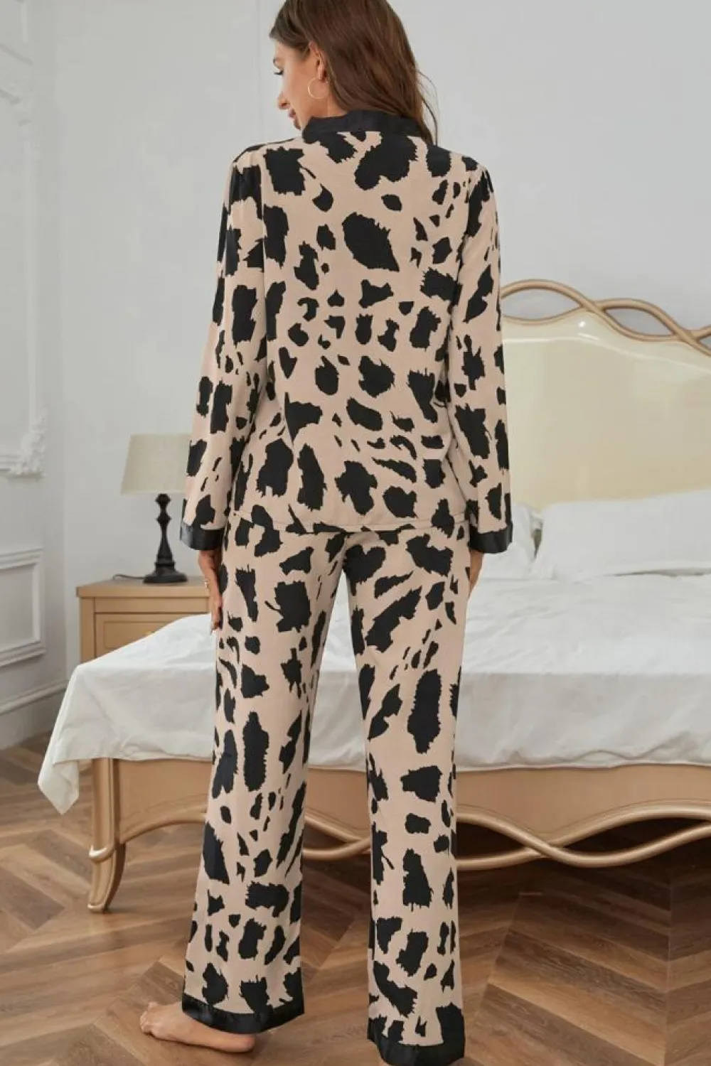 Sale Dear-Lover Cheetah Contrast Trim Loose Fit Two Piece Sleepwear Khaki