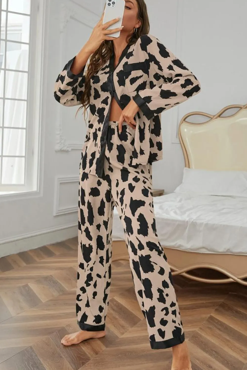 Sale Dear-Lover Cheetah Contrast Trim Loose Fit Two Piece Sleepwear Khaki