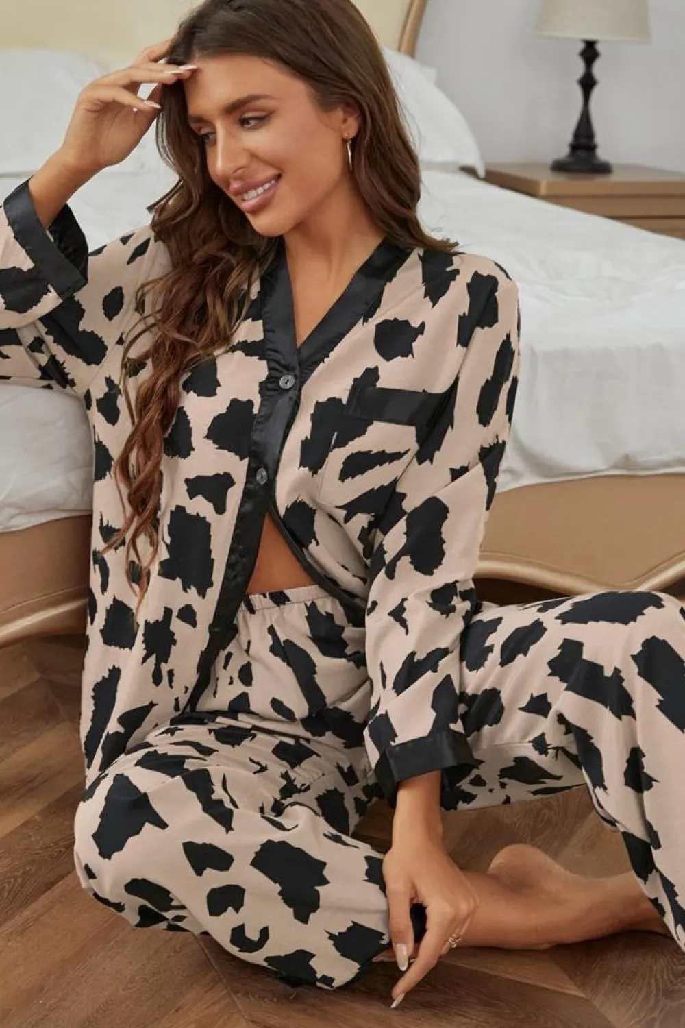 Sale Dear-Lover Cheetah Contrast Trim Loose Fit Two Piece Sleepwear Khaki