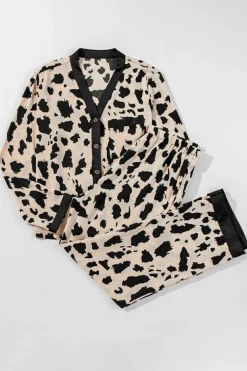 Sale Dear-Lover Cheetah Contrast Trim Loose Fit Two Piece Sleepwear Khaki