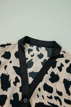 Sale Dear-Lover Cheetah Contrast Trim Loose Fit Two Piece Sleepwear Khaki