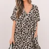 Outlet Dear-Lover Cheetah Print Backless V Neck Loose Fit Mini Dress Khaki