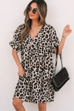 Outlet Dear-Lover Cheetah Print Backless V Neck Loose Fit Mini Dress Khaki