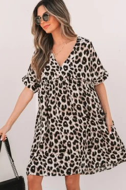 Outlet Dear-Lover Cheetah Print Backless V Neck Loose Fit Mini Dress Khaki