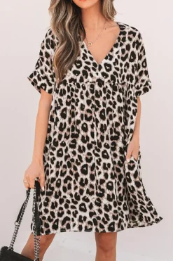Outlet Dear-Lover Cheetah Print Backless V Neck Loose Fit Mini Dress Khaki