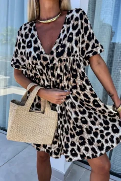 Outlet Dear-Lover Cheetah Print Backless V Neck Loose Fit Mini Dress Khaki