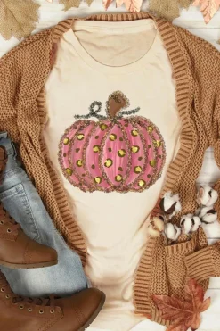 Sale Dear-Lover Cheetah Pumpkin Print Round Neck T Shirt Khaki