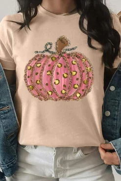 Sale Dear-Lover Cheetah Pumpkin Print Round Neck T Shirt Khaki
