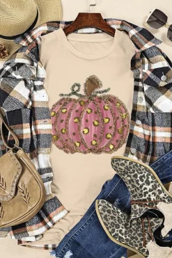 Sale Dear-Lover Cheetah Pumpkin Print Round Neck T Shirt Khaki
