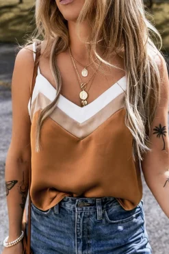 Outlet Dear-Lover Chevron Color Block Spaghetti Straps Tank Top Khaki