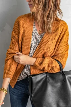 Fashion Dear-Lover Khaki Chunky Wide Long Sleeve Knit Cardigan Yellow Brown