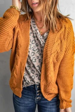 Fashion Dear-Lover Khaki Chunky Wide Long Sleeve Knit Cardigan Yellow Brown