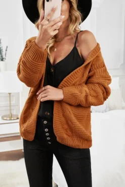 Fashion Dear-Lover Khaki Chunky Wide Long Sleeve Knit Cardigan Yellow Brown