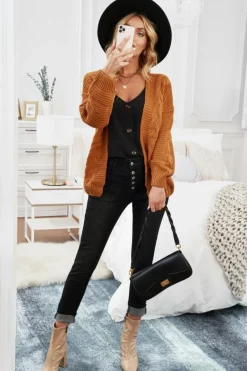Fashion Dear-Lover Khaki Chunky Wide Long Sleeve Knit Cardigan Yellow Brown