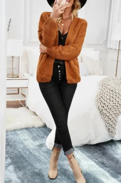 Fashion Dear-Lover Khaki Chunky Wide Long Sleeve Knit Cardigan Yellow Brown