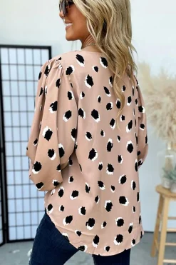 Outlet Dear-Lover Classic Leopard V Neck Bracelet Sleeve Blouse Khaki