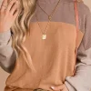 New Dear-Lover Color Block Long Sleeve Ribbed Loose Top Khaki