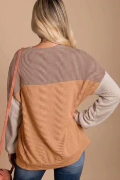 New Dear-Lover Color Block Long Sleeve Ribbed Loose Top Khaki