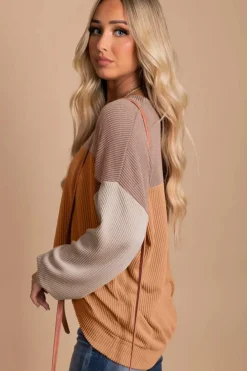 New Dear-Lover Color Block Long Sleeve Ribbed Loose Top Khaki