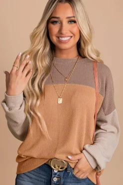 New Dear-Lover Color Block Long Sleeve Ribbed Loose Top Khaki