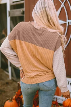 New Dear-Lover Color Block Long Sleeve Ribbed Loose Top Khaki