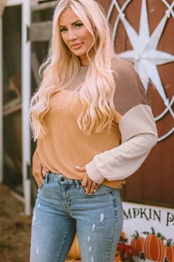New Dear-Lover Color Block Long Sleeve Ribbed Loose Top Khaki