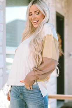 New Dear-Lover Color Block Sleeve Patchwork Oversized Sweatshirt Khaki